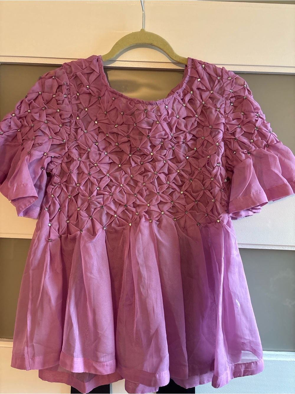 Purple Rhinestone -Embellished Smocked Peplum Top